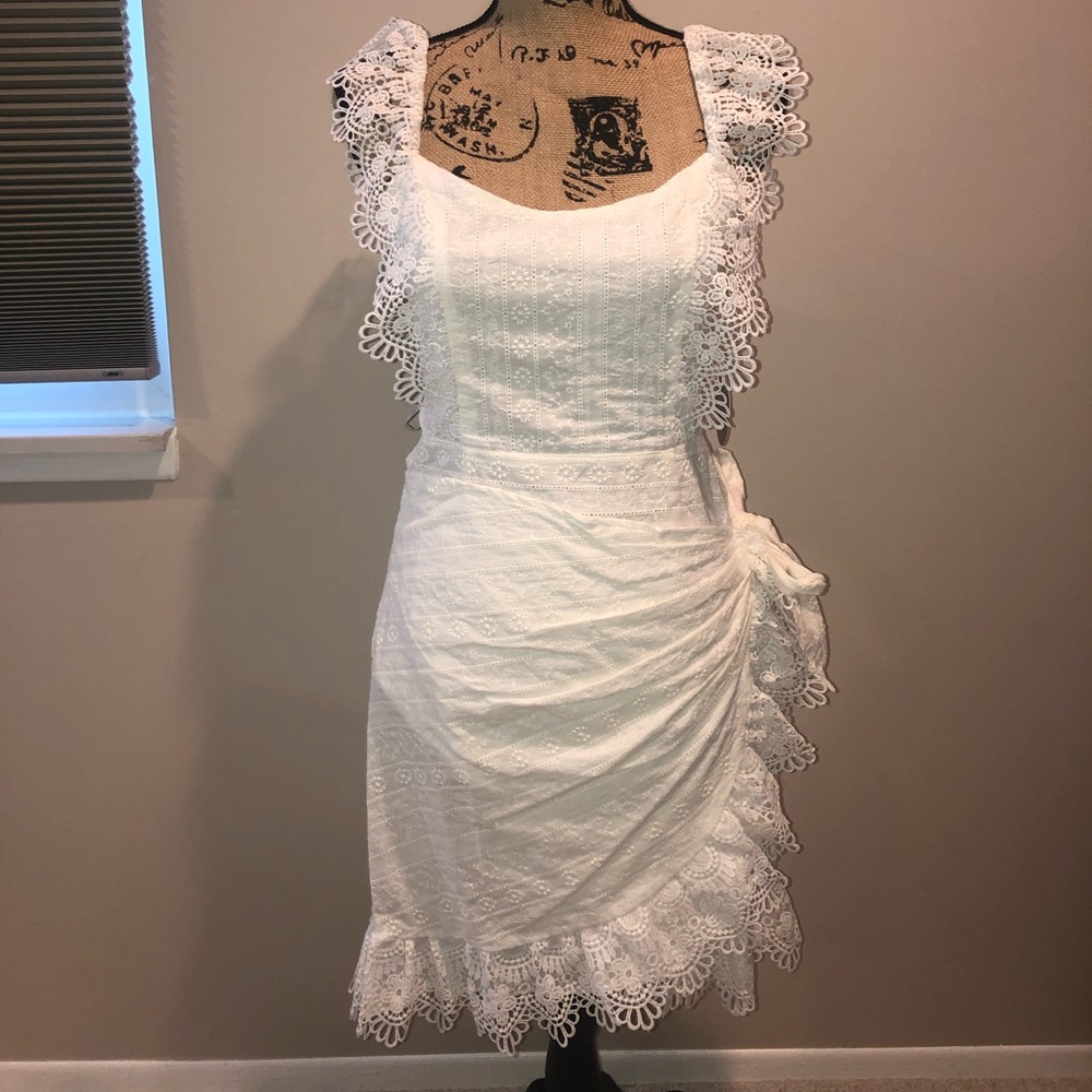White lace wrap tie dress
